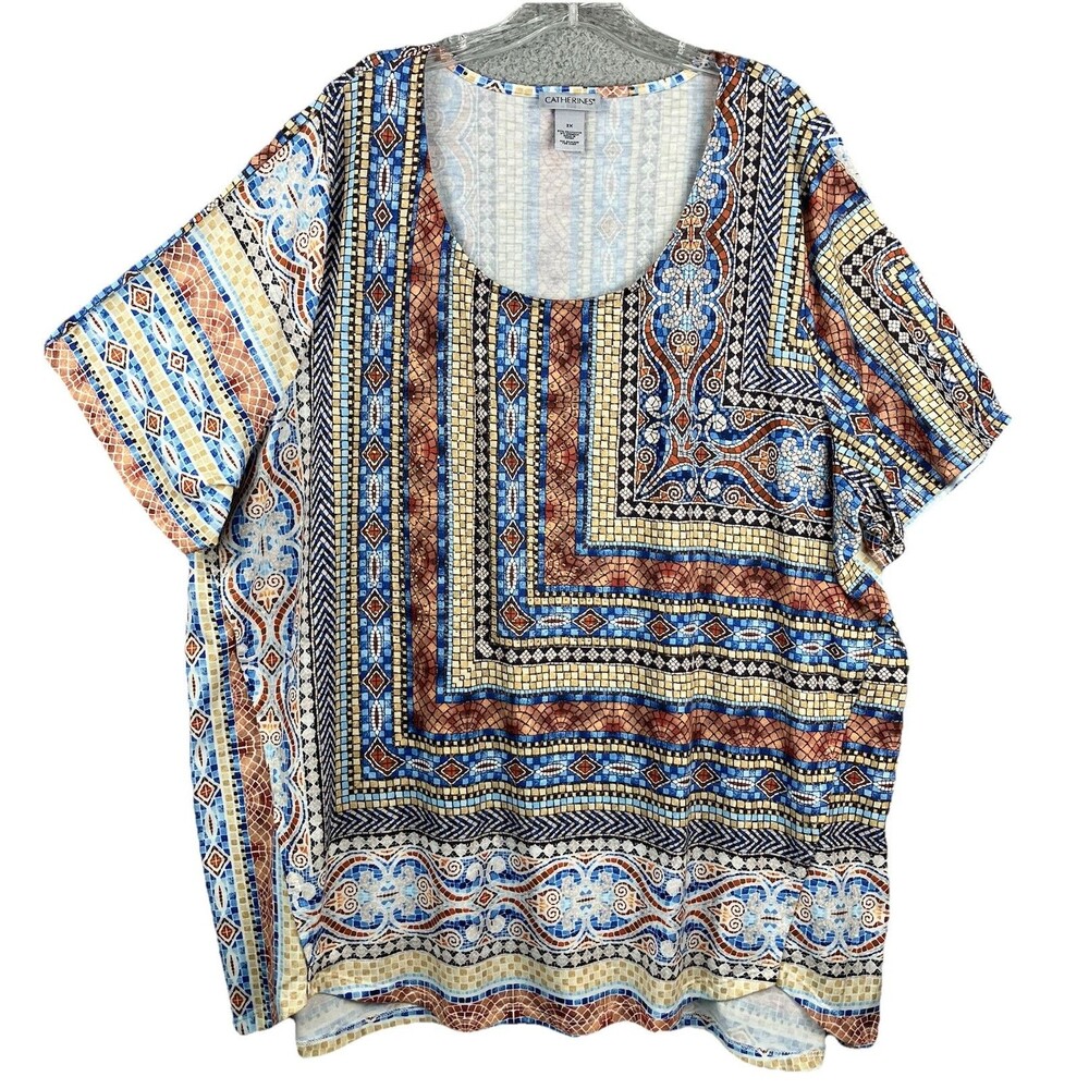 Catherine’s Scoop Neck Short Sleeve Top Women’s 2X Mosaic Print Studded